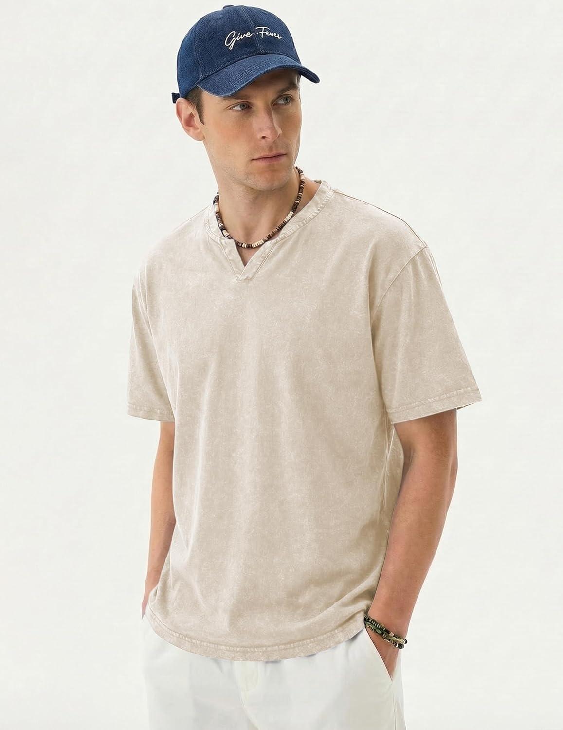 image:imageJMIERR Oversized T Shirts for Men Women Vintage Wash 100 Cotton V Neck Drop Shoulder Tee TopsBeige