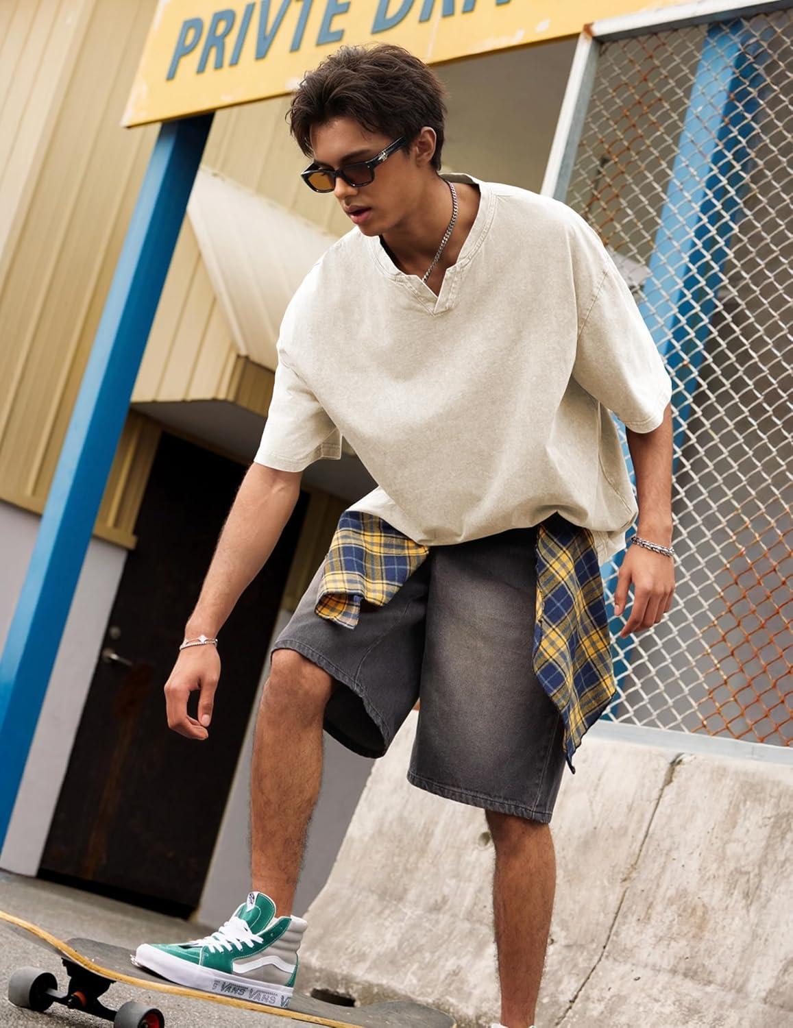 image:imageJMIERR Oversized T Shirts for Men Women Vintage Wash 100 Cotton V Neck Drop Shoulder Tee TopsBeige