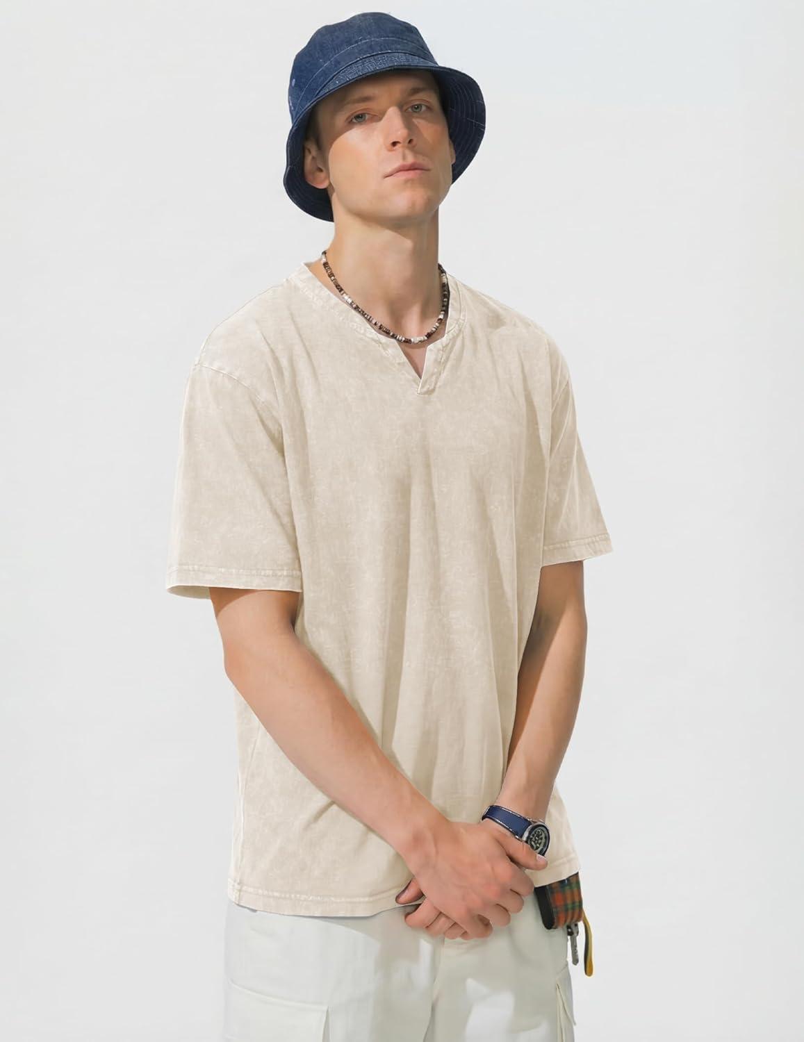 image:imageJMIERR Oversized T Shirts for Men Women Vintage Wash 100 Cotton V Neck Drop Shoulder Tee TopsBeige