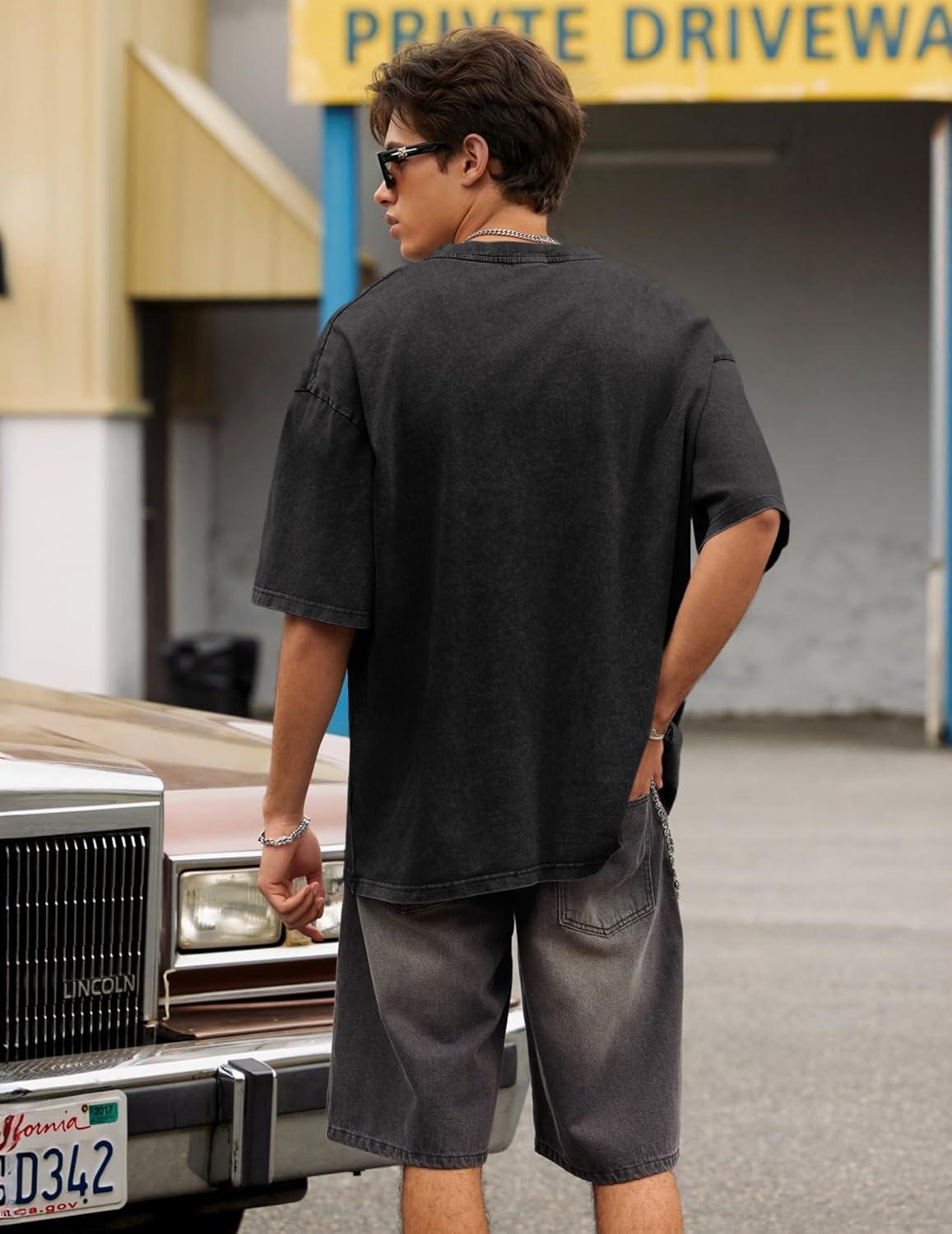 image:imageJMIERR Oversized T Shirts for Men Women Vintage Wash 100 Cotton V Neck Drop Shoulder Tee TopsBlack