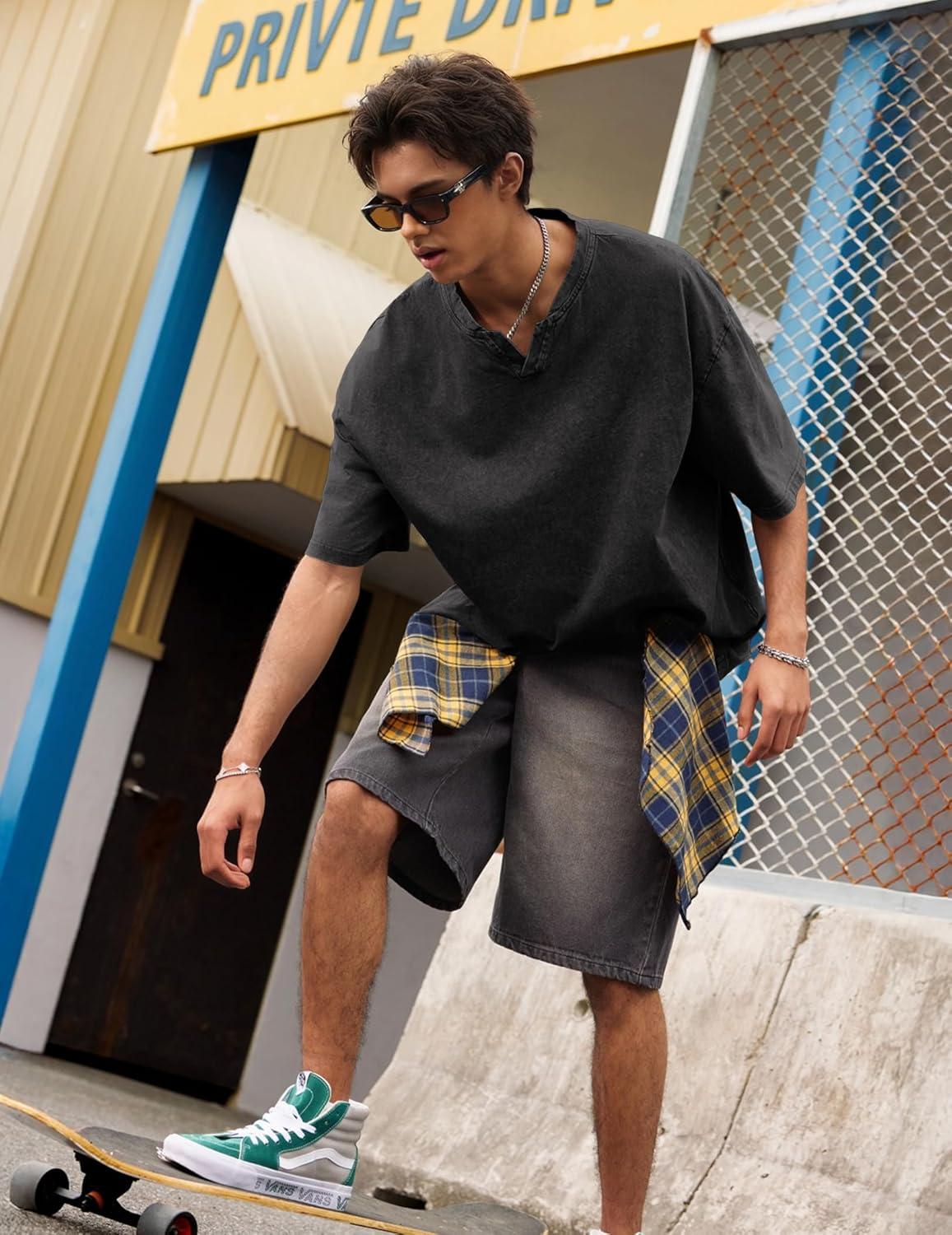 image:imageJMIERR Oversized T Shirts for Men Women Vintage Wash 100 Cotton V Neck Drop Shoulder Tee TopsBlack