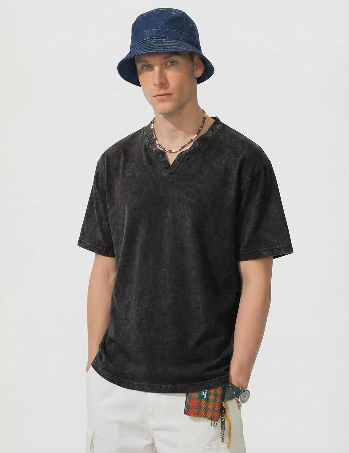 image:imageJMIERR Oversized T Shirts for Men Women Vintage Wash 100 Cotton V Neck Drop Shoulder Tee TopsBlack