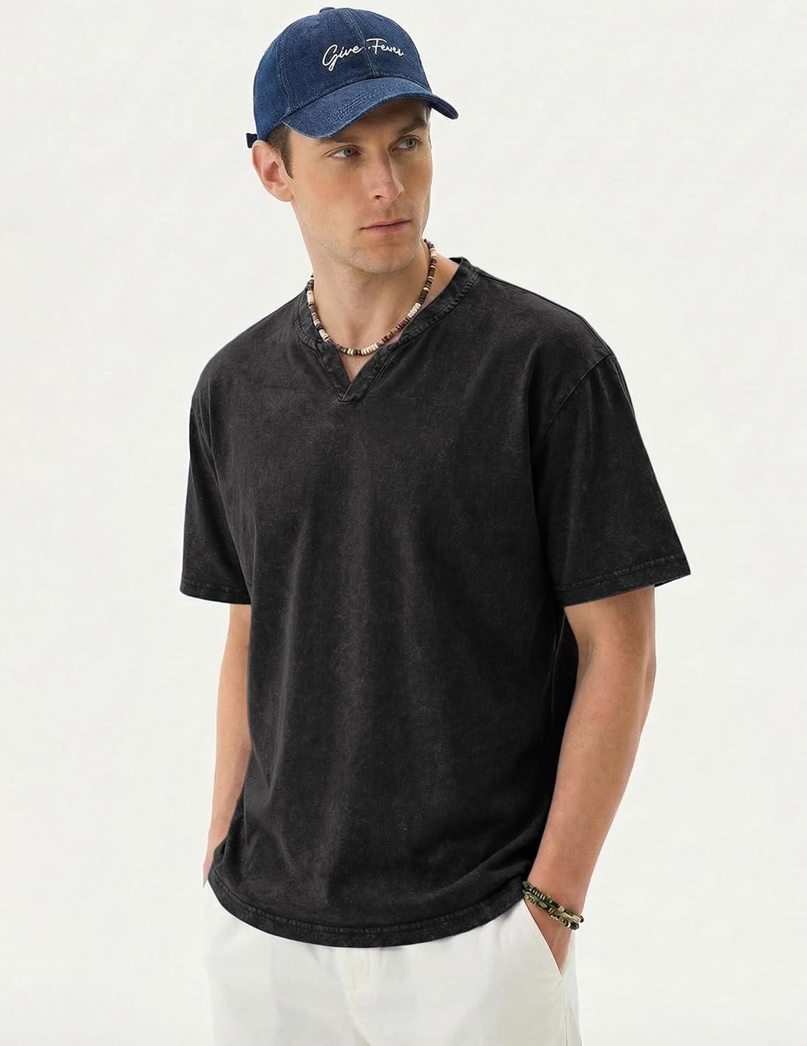 image:imageJMIERR Oversized T Shirts for Men Women Vintage Wash 100 Cotton V Neck Drop Shoulder Tee TopsBlack