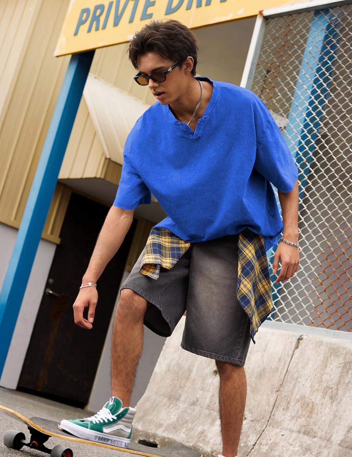 image:imageJMIERR Oversized T Shirts for Men Women Vintage Wash 100 Cotton V Neck Drop Shoulder Tee TopsBlue