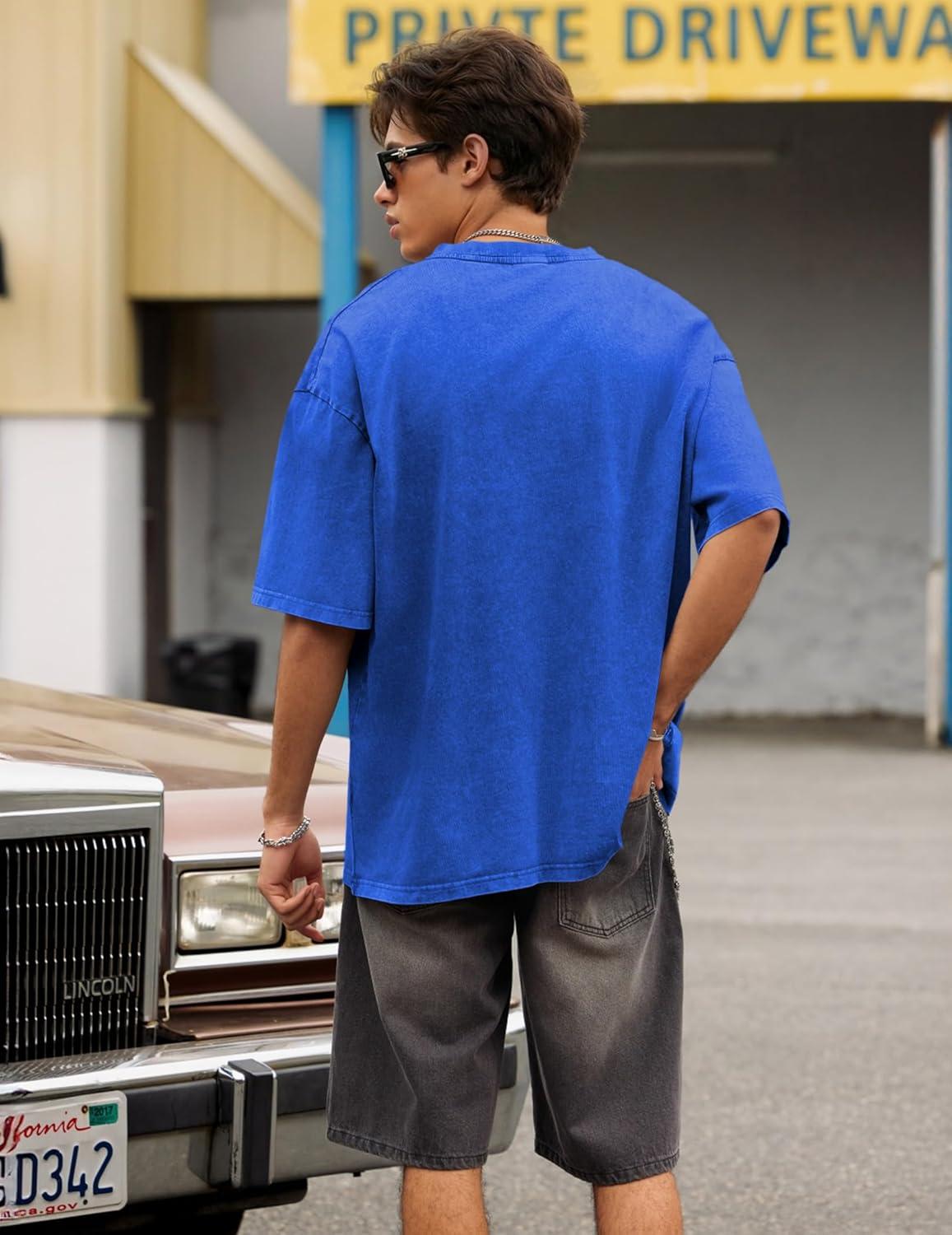 image:imageJMIERR Oversized T Shirts for Men Women Vintage Wash 100 Cotton V Neck Drop Shoulder Tee TopsBlue