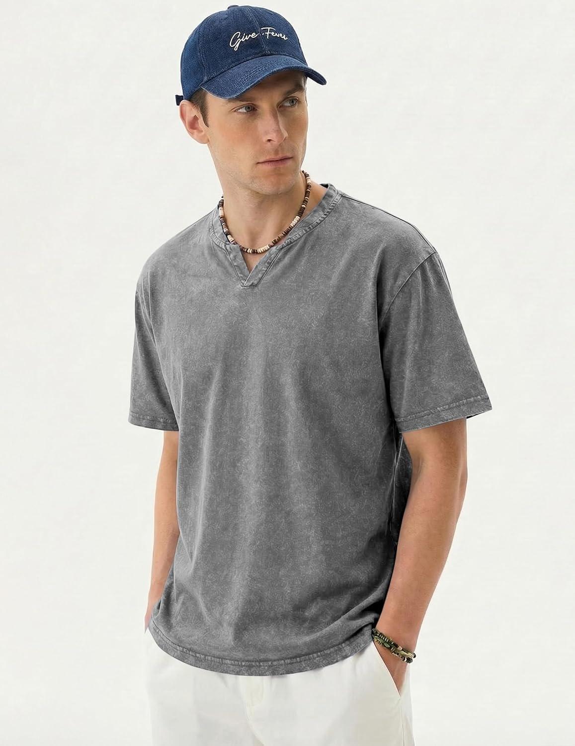 image:imageJMIERR Oversized T Shirts for Men Women Vintage Wash 100 Cotton V Neck Drop Shoulder Tee TopsGrey