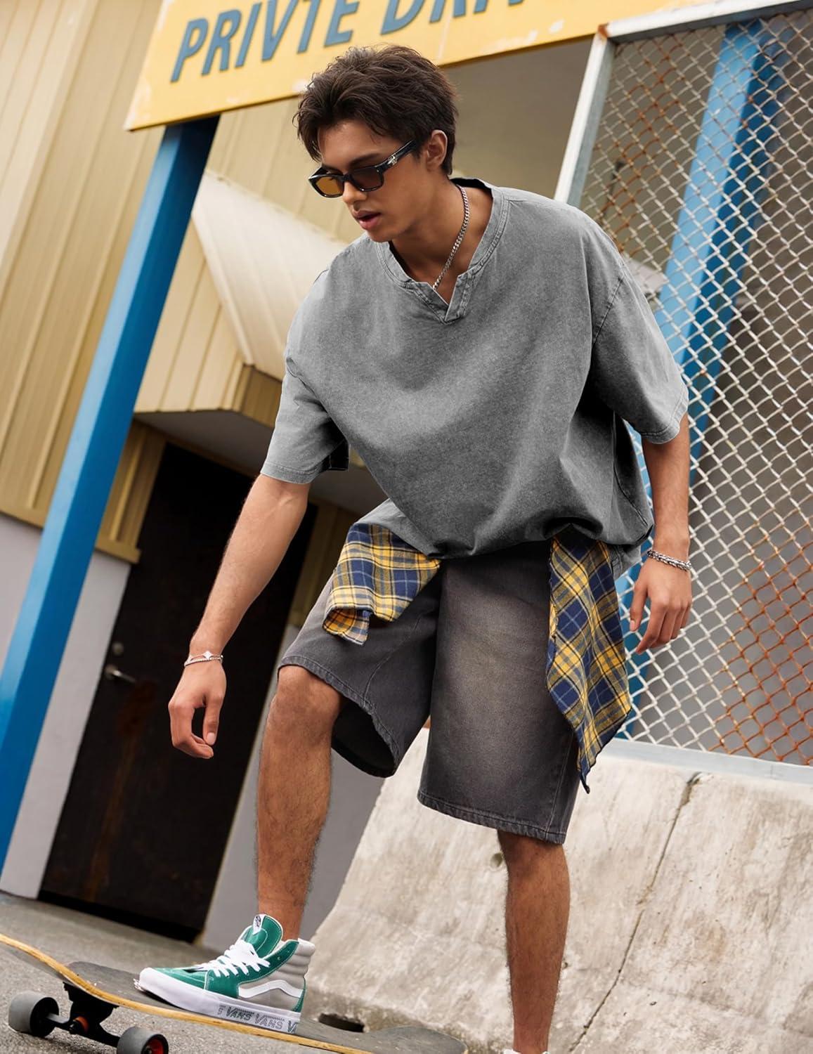 image:imageJMIERR Oversized T Shirts for Men Women Vintage Wash 100 Cotton V Neck Drop Shoulder Tee TopsGrey