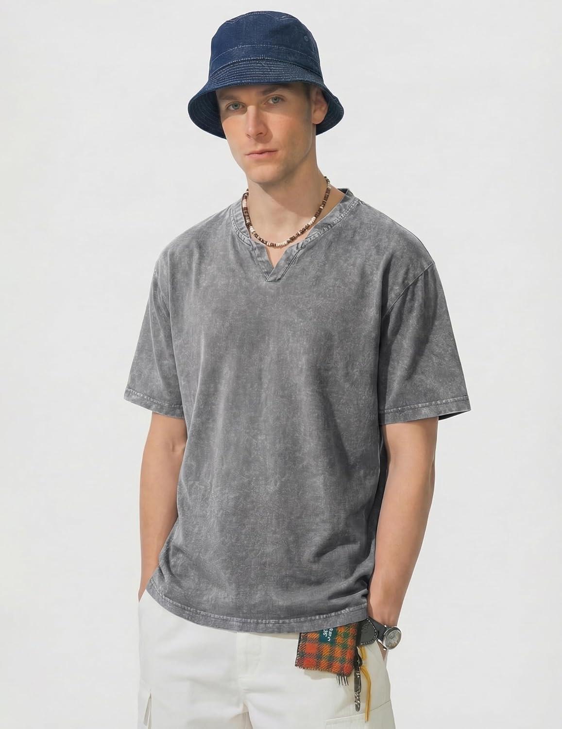 image:imageJMIERR Oversized T Shirts for Men Women Vintage Wash 100 Cotton V Neck Drop Shoulder Tee TopsGrey