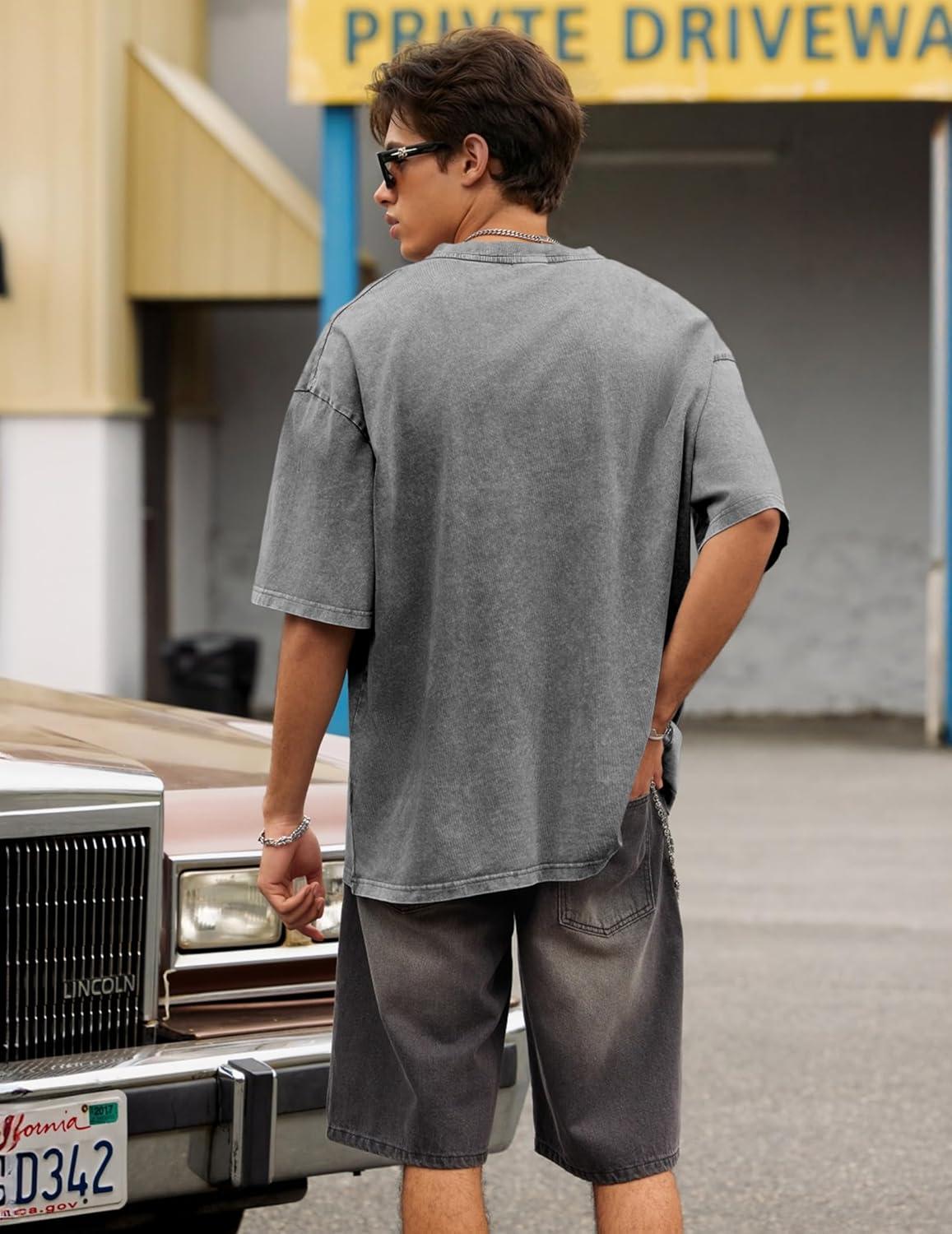 image:imageJMIERR Oversized T Shirts for Men Women Vintage Wash 100 Cotton V Neck Drop Shoulder Tee TopsGrey