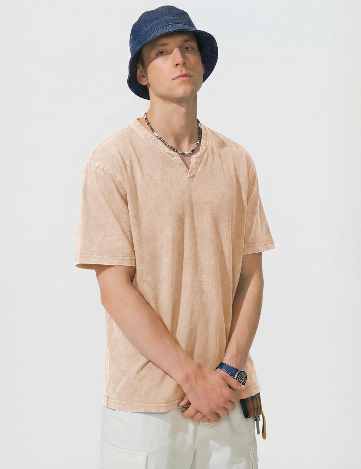 image:imageJMIERR Oversized T Shirts for Men Women Vintage Wash 100 Cotton V Neck Drop Shoulder Tee TopsKhaki