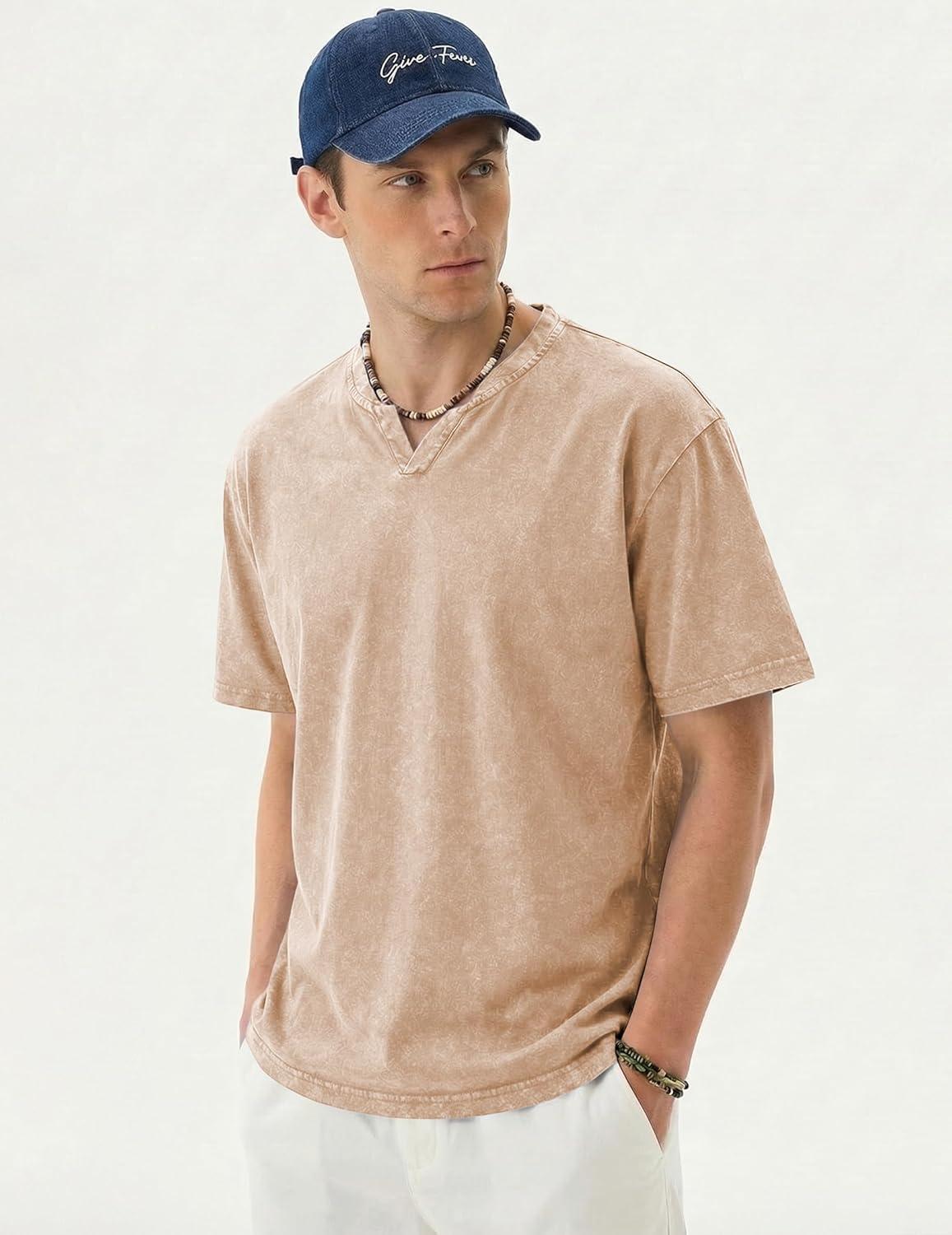 image:imageJMIERR Oversized T Shirts for Men Women Vintage Wash 100 Cotton V Neck Drop Shoulder Tee TopsKhaki