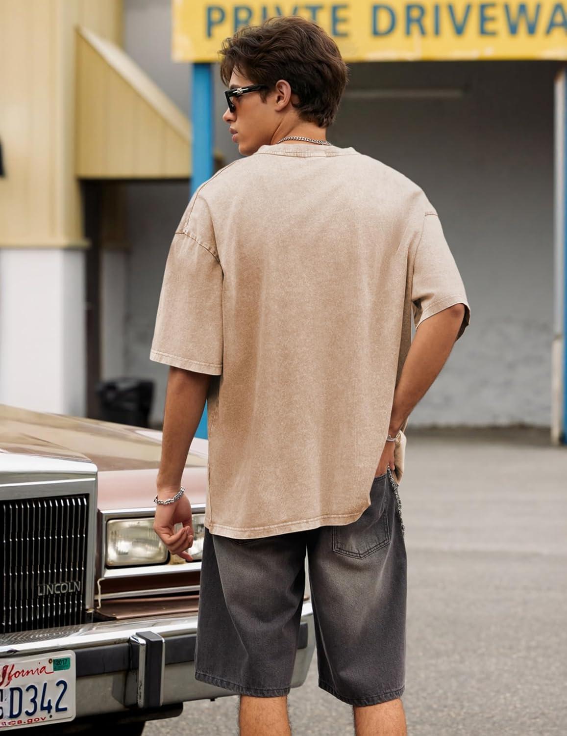 image:imageJMIERR Oversized T Shirts for Men Women Vintage Wash 100 Cotton V Neck Drop Shoulder Tee TopsKhaki