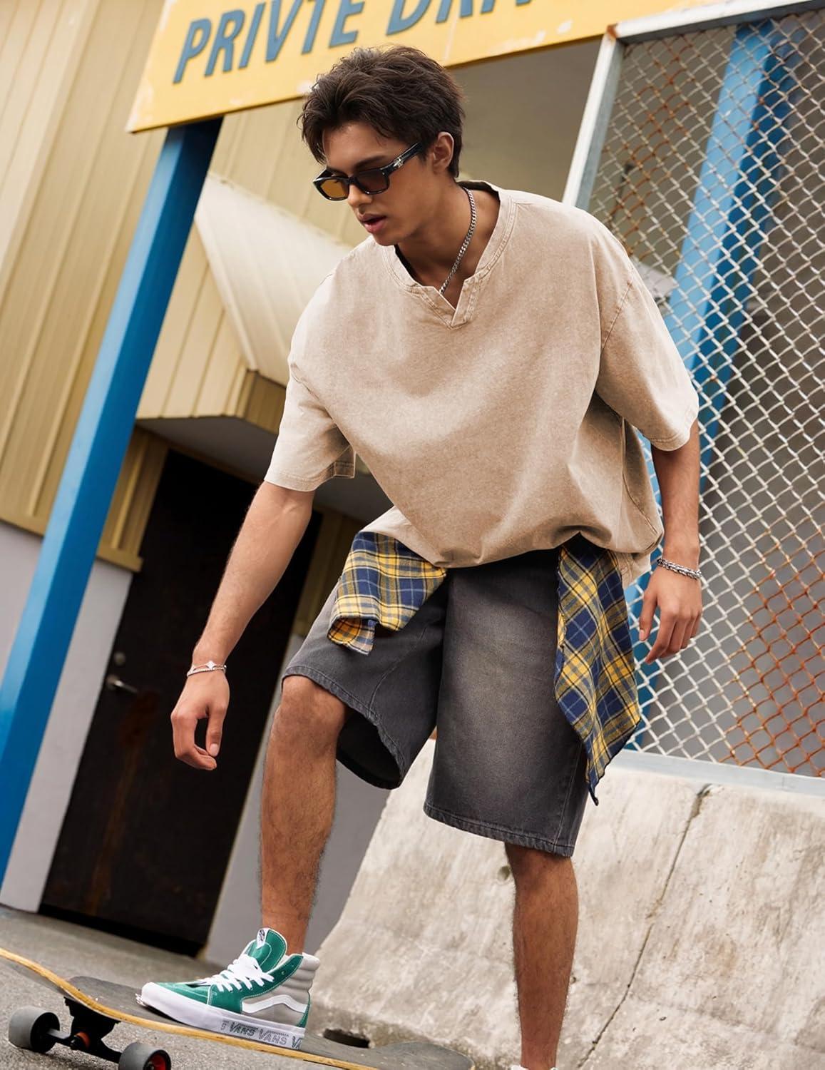 image:imageJMIERR Oversized T Shirts for Men Women Vintage Wash 100 Cotton V Neck Drop Shoulder Tee TopsKhaki