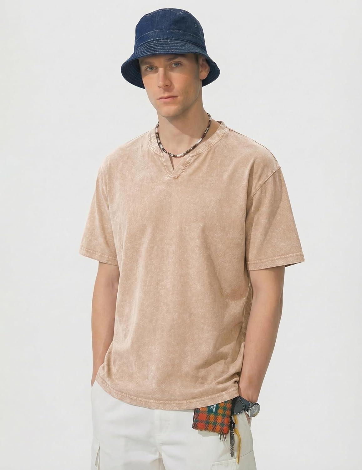 image:imageJMIERR Oversized T Shirts for Men Women Vintage Wash 100 Cotton V Neck Drop Shoulder Tee TopsKhaki
