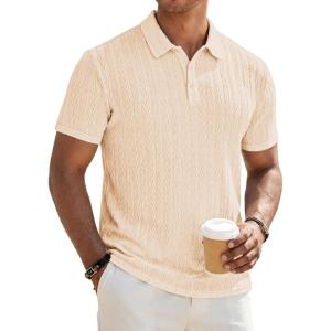 image:imageJMIERR Mens Textured Knit Polo Shirt Summer Short Sleeve Vacation Button Beach Knit Stretchy Golf ShirtsApricot