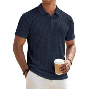 image:imageJMIERR Mens Textured Knit Polo Shirt Summer Short Sleeve Vacation Button Beach Knit Stretchy Golf ShirtsNavy Blue