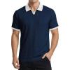 image:imageJMIERR Mens Casual Short Sleeve Cable Knit Texture Polo Shirts Cotton Stretch Johnny Collar Tee Summer Vacation Golf ShirtsNavy Blue