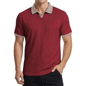 image:imageJMIERR Mens Casual Short Sleeve Cable Knit Texture Polo Shirts Cotton Stretch Johnny Collar Tee Summer Vacation Golf ShirtsBurgundy