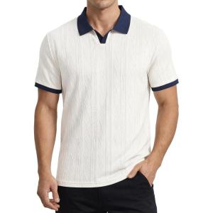 image:imageJMIERR Mens Casual Short Sleeve Cable Knit Texture Polo Shirts Cotton Stretch Johnny Collar Tee Summer Vacation Golf ShirtsWhite