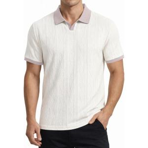 image:imageJMIERR Mens Casual Short Sleeve Cable Knit Texture Polo Shirts Cotton Stretch Johnny Collar Tee Summer Vacation Golf ShirtsWhite Collar