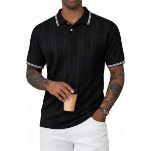 image:imageJMIERR Mens Polo Shirt Textured Knit Button Casual Short Sleeve Summer Vacation Beach Stretchy Golf ShirtsBlack Stripe