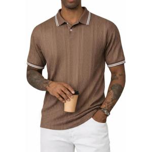 image:imageJMIERR Mens Polo Shirt Textured Knit Button Casual Short Sleeve Summer Vacation Beach Stretchy Golf ShirtsBrown Stripe