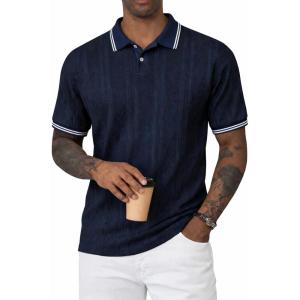 image:imageJMIERR Mens Polo Shirt Textured Knit Button Casual Short Sleeve Summer Vacation Beach Stretchy Golf ShirtsNavy Stripe