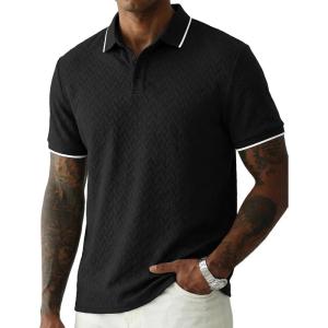 image:imageJMIERR Mens Casual Polo Shirt Short Sleeve Vacation Button Summer Beach Knit Stretchy Golf ShirtsBlack
