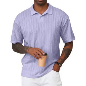 image:imageJMIERR Mens Polo Shirt Textured Knit Button Casual Short Sleeve Summer Vacation Beach Stretchy Golf ShirtsLight Purple