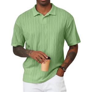 image:imageJMIERR Mens Polo Shirt Textured Knit Button Casual Short Sleeve Summer Vacation Beach Stretchy Golf ShirtsMint Green