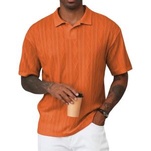 image:imageJMIERR Mens Polo Shirt Textured Knit Button Casual Short Sleeve Summer Vacation Beach Stretchy Golf ShirtsOrange