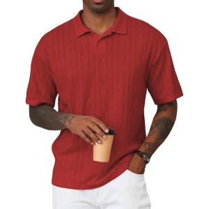 image:imageJMIERR Mens Polo Shirt Textured Knit Button Casual Short Sleeve Summer Vacation Beach Stretchy Golf ShirtsRuby Red