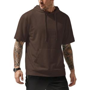 image:imageJMIERR Mens Short Sleeve Hoodie Cotton Hooded Tshirts Lightweight Solid Tops with PocketBrown