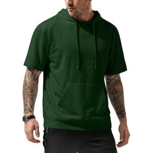image:imageJMIERR Mens Short Sleeve Hoodie Cotton Hooded Tshirts Lightweight Solid Tops with PocketDark Green