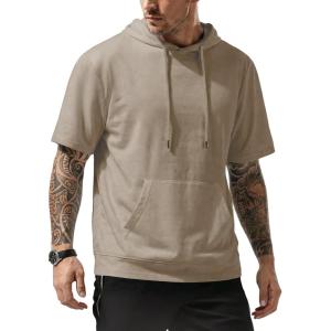 image:imageJMIERR Mens Short Sleeve Hoodie Cotton Hooded Tshirts Lightweight Solid Tops with PocketKhaki