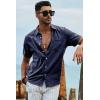 image:imageJMIERR Mens Casual Stylish Short Sleeve ButtonUp Striped Dress Shirt Cotton Beach ShirtsDark Blue