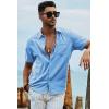 image:imageJMIERR Mens Casual Stylish Short Sleeve ButtonUp Striped Dress Shirt Cotton Beach ShirtsSky Blue