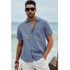 image:imageJMIERR Mens Casual Stylish Short Sleeve ButtonUp Striped Dress Shirt Cotton Beach ShirtsSmog Blue