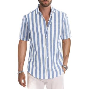 image:imageJMIERR Mens Casual Stylish Short Sleeve ButtonUp Striped Dress Shirt Cotton Beach Shirts1 Sky Blue Stripe