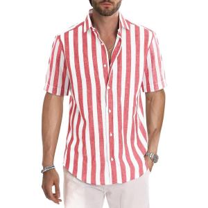 image:imageJMIERR Mens Casual Stylish Short Sleeve ButtonUp Striped Dress Shirt Cotton Beach ShirtsA Red