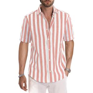 image:imageJMIERR Mens Casual Stylish Short Sleeve ButtonUp Striped Dress Shirt Cotton Beach ShirtsA1 Pink