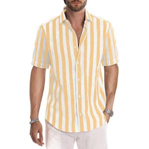 image:imageJMIERR Mens Casual Stylish Short Sleeve ButtonUp Striped Dress Shirt Cotton Beach ShirtsA1 Yellow