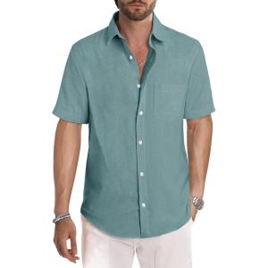 image:imageJMIERR Mens Casual Stylish Short Sleeve ButtonUp Striped Dress Shirt Cotton Beach ShirtsB Green2