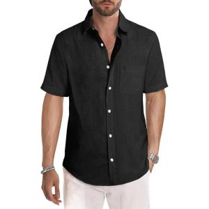 image:imageJMIERR Mens Casual Stylish Short Sleeve ButtonUp Striped Dress Shirt Cotton Beach ShirtsBlack