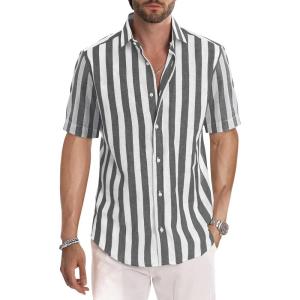 image:imageJMIERR Mens Casual Stylish Short Sleeve ButtonUp Striped Dress Shirt Cotton Beach ShirtsBlack Stripe