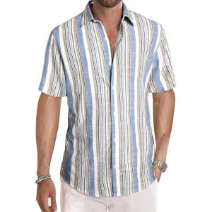 image:imageJMIERR Mens Casual Stylish Short Sleeve ButtonUp Striped Dress Shirt Cotton Beach ShirtsBlue Stripe