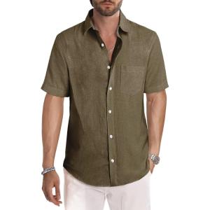image:imageJMIERR Mens Casual Stylish Short Sleeve ButtonUp Striped Dress Shirt Cotton Beach ShirtsBrown