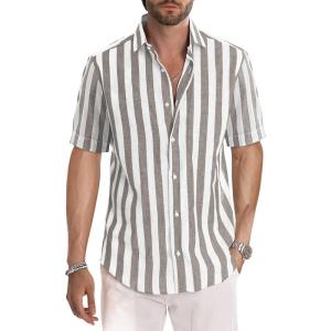 image:imageJMIERR Mens Casual Stylish Short Sleeve ButtonUp Striped Dress Shirt Cotton Beach ShirtsBrown Stripe