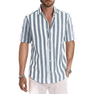image:imageJMIERR Mens Casual Stylish Short Sleeve ButtonUp Striped Dress Shirt Cotton Beach ShirtsGrey Blue Stripe