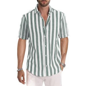image:imageJMIERR Mens Casual Stylish Short Sleeve ButtonUp Striped Dress Shirt Cotton Beach ShirtsGrey Green Stripe
